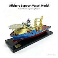 Modèle de navire de soutien offshore personnalisé avec coque bleue, superstructure jaune, fond rouge et pont de grue