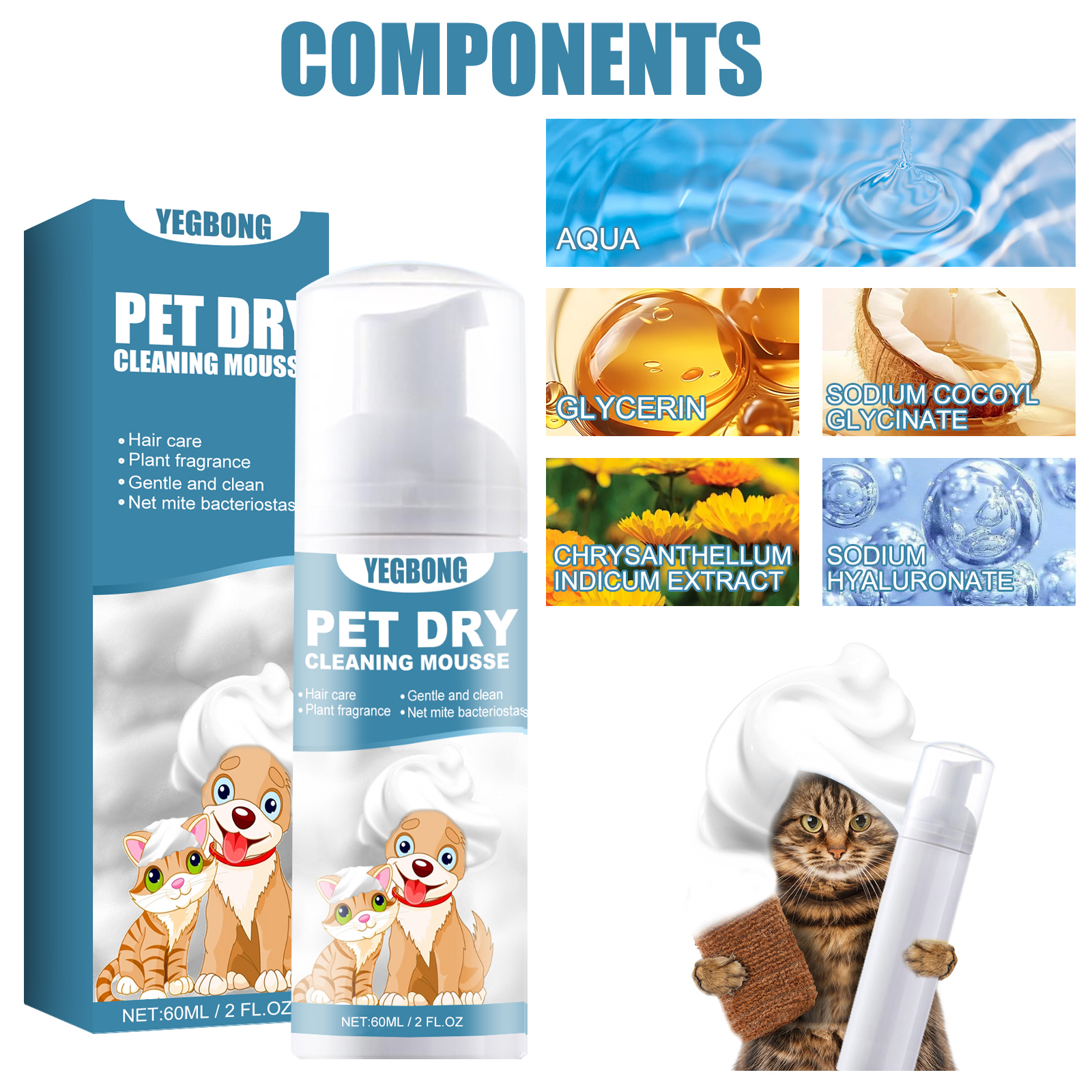 60ml Waterless Pet Cleaning Mousse – Gentle Dry Shampoo Foam for Dogs & Cats, No-Rinse Grooming Care - View 2