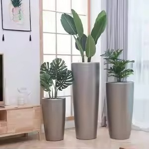 Pots de fleurs ronds en plastique PP de couleur ciment, grands, résistants et adaptés à l'intérieur et à l'extérieur - Product Image 3
