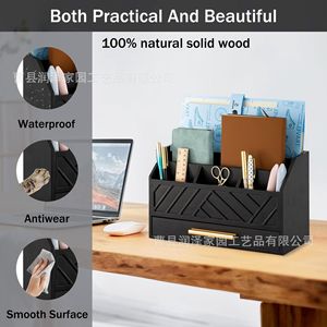 Black Wooden Desktop Organizer With <b>Drawer</b> <b>File</b> Holder Stationery Storage Office Supplies Shelf Rectangle Standing Type - Product Image 3