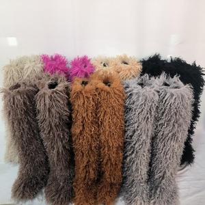 Outono Inverno Pele Do Punk Na Moda Fofo Fuzzy Faux Longo Joelho-alta Botas De Pele Mongol Tamanho Grande Imitação De Neve De Lã Botas - Product Image 1