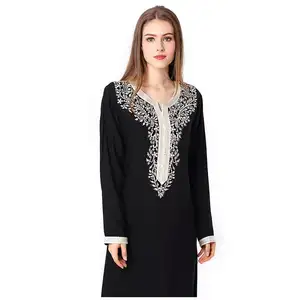 Классическое 2024, популярное платье-абайя с круглым вырезом, с длинным рукавом, мусульманское кружевное платье с вышивкой, женское платье, Арабская абайя