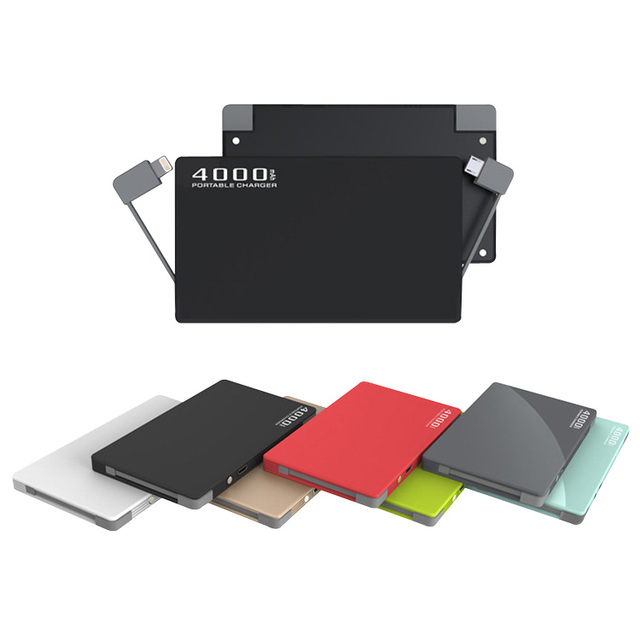 Portable Ultra Slim 4000mAh Li-Polymer Battery Power Bank with Built-in Cable Double USB Fast Charging 2A Output