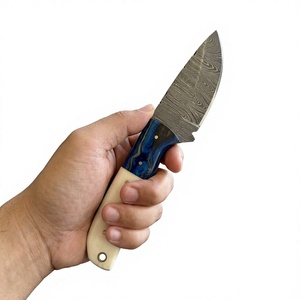 Cuchillo de caza y camping de hoja fija Drop Point de acero de Damasco con mango de madera Pakka azul de 23 cm, 3 años de garantía, personalizable DIY - Product Image 1