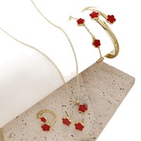 Set de Bijoux assorti - Collier Porte-bonheur 5 Feuilles, Bracelet, Bague & Boucles, en Alliage Mode Femme