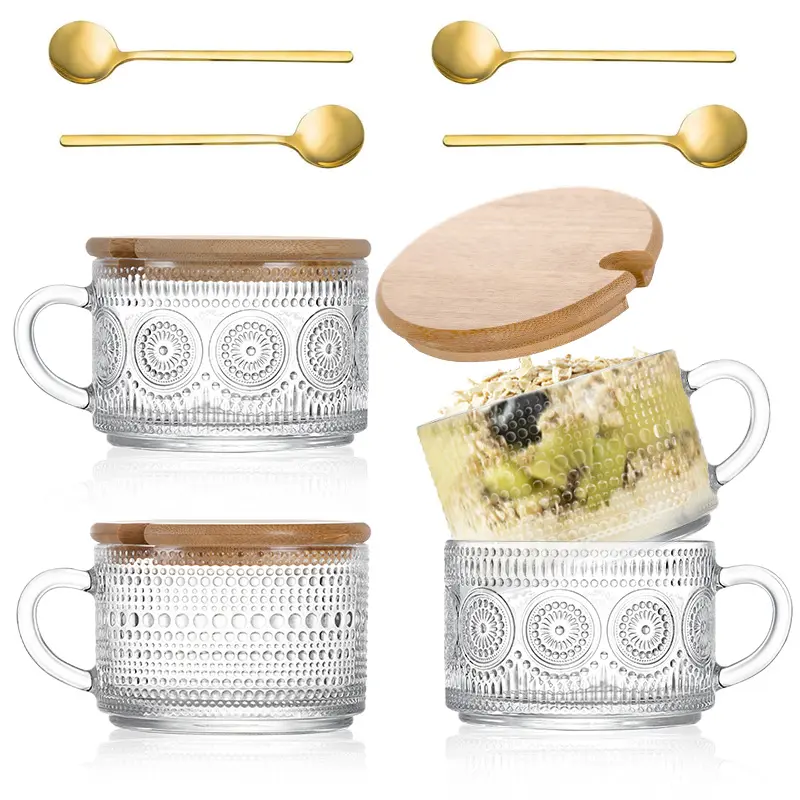 Набор из 4 предметов, Симпатичные прозрачные стеклянные чашки 14 унций, винтажные кружки для кофе со льдом, овсяные контейнеры с бамбуковыми крышками и ложками
