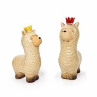 Ensemble de figurines d'alpaga en céramique, 2 statues de lamas couronnés, couronnes rouges/jaunes bohèmes, texture laine, décoration d'intérieur, bureau, Diwali, condoléances