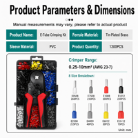 Kit de pince à sertir Gocel 1200 pièces pour boîtier de terminaison E-Tube, ensemble de sertisseurs de cosses de câble 0,25-10 mm², 8 tailles, isolés en PVC