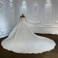 Gaun Pengantin Wanita LSCJ07 Model Ball Gown Modern dengan Kerah Tinggi, Punggung Terbuka, Aksen Glitter, Renda, Kristal, dan Bunga, Lengan Panjang
