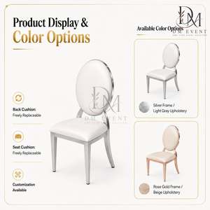 Silla de Recepción Redonda con Respaldo de Medallón en Acero Inoxidable Plateado y Cojín Blanco para Salones de Banquetes, Venta al Por Mayor - Product Image 4
