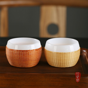 Handmade Porcelain Bamboo Woven Tea <b>Cup</b> Round Traditional Chinese Style For Afternoon Tea Guizhou Origin Sichuan Craft - Product Image 4