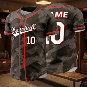 Camiseta de Béisbol para Hombre, Negra, con Estampado Geométrico 3D, Franja Roja Sublimada, Transpirable, 320g, Poliéster, Manga Corta, Corte Regular, para Equipo - Product Image 1