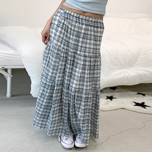 Falda Larga a Cuadros Estilo Académico Retro, Cintura Alta Elástica, Corte en A, Juvenil, Versátil - Product Image 1