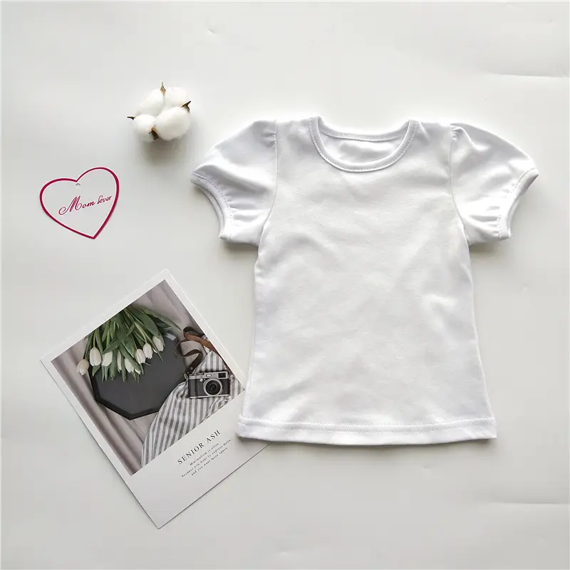 Süblimasyon kızlar boş kabarık gömlek bebek kız üst tees toddler tişörtleri beyaz polyester puf kollu t shirt için