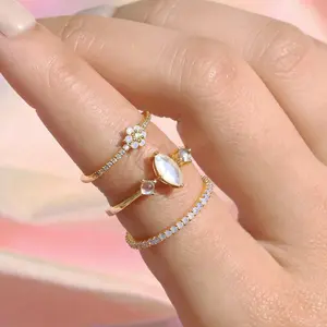 925 Sterling Silver Jewelry Custom 18K Gold Plated Dainty Natural Gemstone Round Marquise Shape Rainbow Moonstone Ring For Women