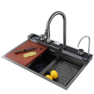 כיור מטבח מודרני מנירוסטה שחורה, קערה בודדת, חור לברז, משטח עמיד בפני שריטות וקל לניקוי - Product Image 2