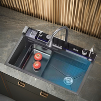 Évier de cuisine moderne en acier inoxydable 304 brossé, à cuve carrée unique, fait main, multifonction, avec robinet de rinçage intelligent à cascade