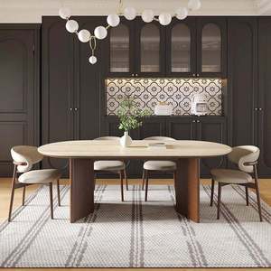 Table à manger moderne en pierre frittée travertin, style rétro <span class=keywords><strong>français</strong></span>, ovale, en bois, couleur crème, pour petit foyer - Product Image 4