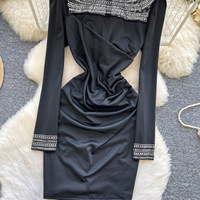 Robe Courte Décontractée WIWT pour Femme, Élégante, à Col Montant, Manches Longues, Décorée de Strass, Froncée, Moulante, Idéale pour les Fêtes et le Quotidien