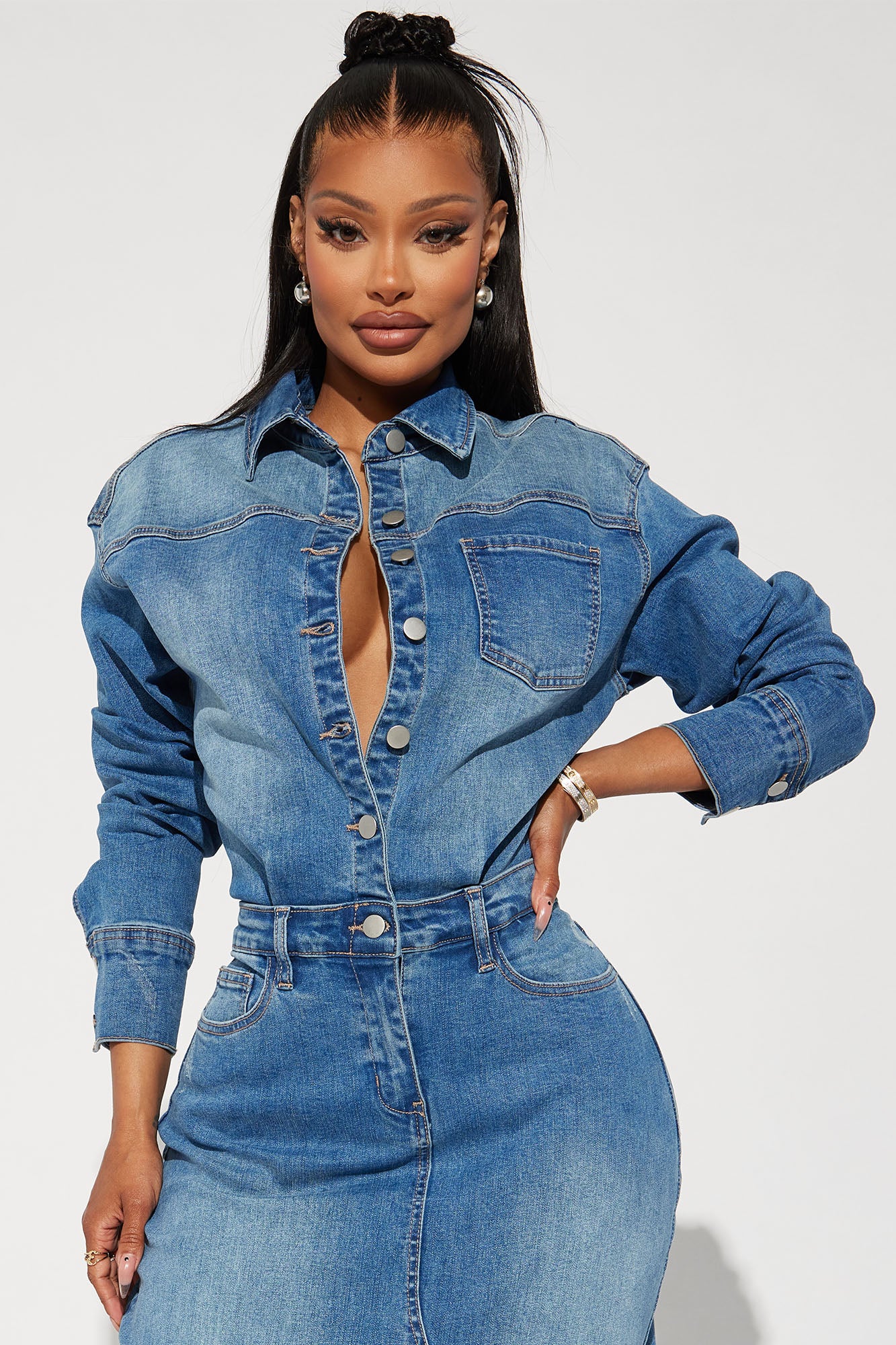 Casual Fashion Slim-fit Long Sleeve Denim Dress With Long Slit Casual Fashion Slim-fit Long Sleeve Denim Dress With Long Slit