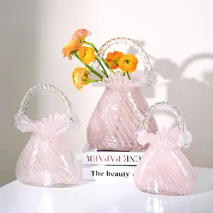 Best Selling Products 2023 Pink Clear Glasses Vases Wave Lace Hydroponic Flower Bag Shaped Glass Vase Gateway Desktop Decoration