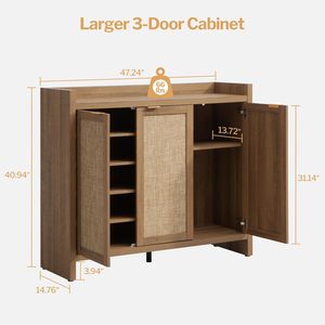 Meuble à chaussures moderne en rotin style bohème avec 3 portes, rangement autoportant pour entrée avec étagère inférieure ouverte - Product Image 5