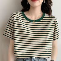 Camiseta verde a rayas para mujer, verano de manga corta, novedad de 2023, Camiseta holgada de cuello redondo que combina con todo, ropa Superior de Media manga