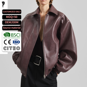 Chaqueta de cuero sintético de peso medio con cuello vuelto, hombros caídos y cierre de cremallera, personalizada y de PU grueso, al por mayor - Product Image 1