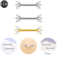 Gaby 14G ASTM F136 Piercings de pezón de titanio sin rosca, Barbell de pezón dorado con 3 circonitas marquise en forma de abanico orientadas hacia adelante, Regalo de boda