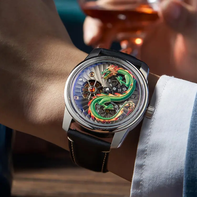 Reloj de pulsera de dragón dorado de género mecánico chino 3D personalizado para hombres reloj de autómata móvil con logotipo de dragón celestial
