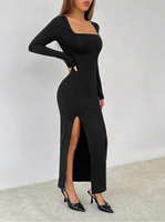 Robe moulante de haute qualité à col carré et fente haute pour femmes