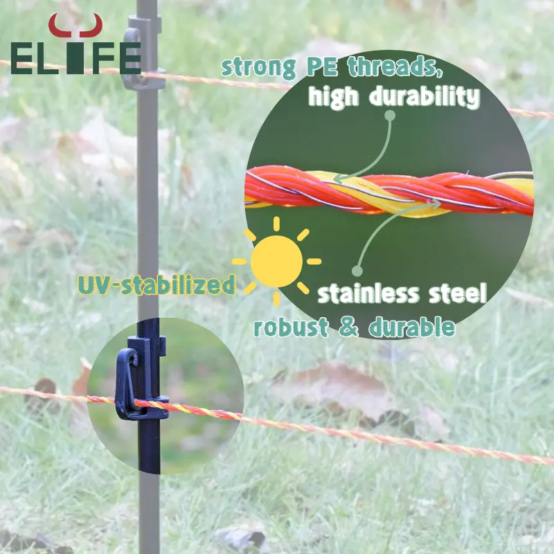 Elife Easily Assembled Tensile PE Material SS Wires Electric Fence Braided Polywire For Farming