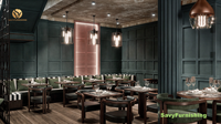 Ensemble de mobilier de design pour restaurant commercial : banquette de salle à manger sur mesure, comptoir de bar, tables de salle à manger et chaises en bois pour café et bistrot