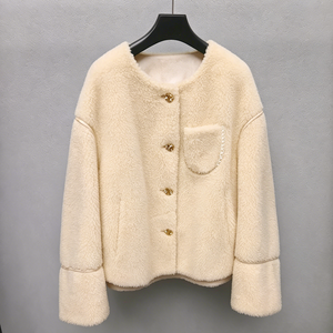 <span class=keywords><strong>Manteau</strong></span> court en laine Teddy pour <span class=keywords><strong>femme</strong></span>, <span class=keywords><strong>blanc</strong></span> crème, col rond, garniture en strass, boutons dorés en relief, vêtement d'extérieur ample pour l'hiver - Product Image 2