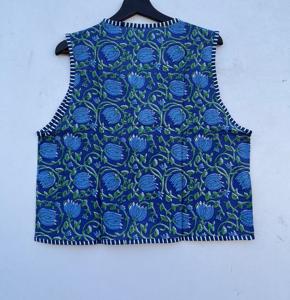 Handmade Blue Floral Printed Cotton Short Puffer <b>Waistcoat</b> <b>Women's</b> Open Front V-Neck Dori Vest Jacket Casual Outer Wear - Product Image 6