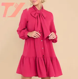 TUOYI Custom Women's Clothing Autumn Bright Pink Dress Trendy Fashion Style Buttons Down The Front Long Sleeve Short Dress