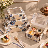 Boîte cadeau pour gâteau à la crème avec logo personnalisé OEM, 4 compartiments, fenêtre transparente, motif géométrique bleu marine, matériaux PET recyclés, carrée, épaisseur 2 mm