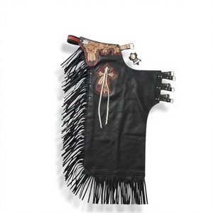 Chaps de Rodeo Unisexe en Tissu Tissé Personnalisé 500g, Taille Haute, Longueur Intégrale, avec Incrustation de Croix Gravée, Franges Noires, Style Western Cowboy - Product Image 1