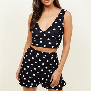 Vestiti delle signore <span class=keywords><strong>Camicette</strong></span> Delle Donne 2019 Nero Spot Stampa Scollo A V Crop Top - Product Image 1
