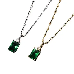 925 Sterling Silver Lock Necklace for Women Emerald Square Clavicle Chain Female Wedding Gift Charm