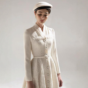 ZYHT 70140 Abiti Invernali Nuovi con Bottoni Frontali in Pizzo, Linea A, Maniche Lunghe, Vestiti Midi Bianchi da Festa, Eleganti per Donne e Signore - Product Image 2