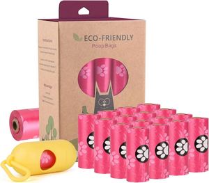 Sacs à déjections canines personnalisés imprimés en héliogravure, fond carré, rose et vert, biodégradables en PLA, recyclables, pour usage domestique - Product Image 1