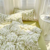 Parure de lit double couche en coton et lin lavé à motif floral, housse de couette, drap et taie d'oreiller pour dortoir étudiant, style simple, vente en gros