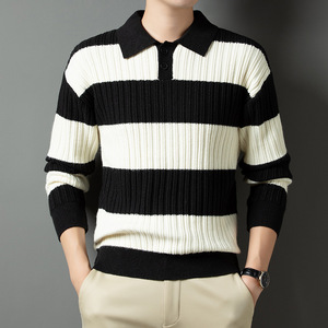 Outono e Inverno Novo Casual Solto Listrado Camisa dos homens Collar Camisola Camisola De Malha - Product Image 5