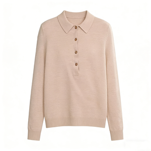 Custom Lapel Design Women Sweater Knit Beige Women's Thin Pullover Button Soft <strong>Jumper</strong> Simple <strong>Polo</strong> Top for <strong>Lady</strong> - Product Image 1