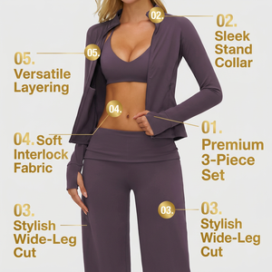 Conjunto de Yoga de Tres Piezas Color Morado Ciruela Premium para Mujer, con Chaqueta con Cierre, Sujetador Halter y Pantalones Anchos para Fitness Profesional - Product Image 3