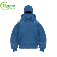 Sweat à capuche balaclava surdimensionné personnalisé avec fermeture éclair intégrale, en polaire et coton, style ninja masqué avec strass, streetwear pour homme