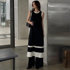 Robe longue minimaliste sans manches pour femme, col rond, couleur contrastante, coupe ample, noir et blanc, toutes saisons, respirante, tissée - Product Image 5
