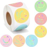 500 autocollants holographiques ronds en forme de visage souriant de dessin animé, rouleau de 1 pouce, imperméables, pour emballage cadeau, autocollants de remerciement