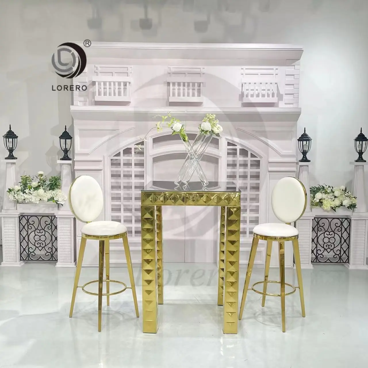 Casamento mobiliário ouro quadro vidro superior aço inoxidável quadrado bar tabela